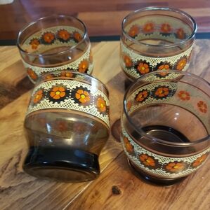 Vintage Libbey Smokey Brown Stackable Floral & Lace Juice/Rocks Glasses Lot Of 4